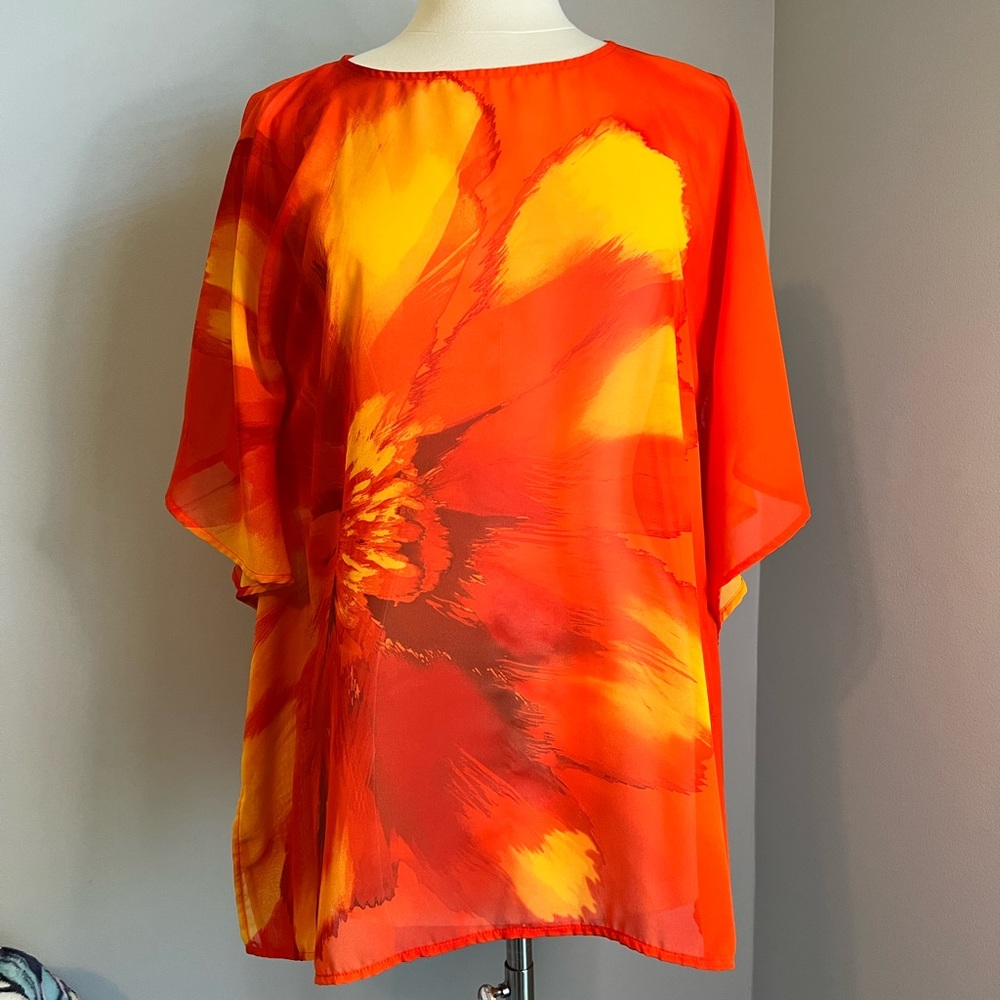 Susan Graver XXS Orange Floral Printed Sheer Chiffon Scarf Top